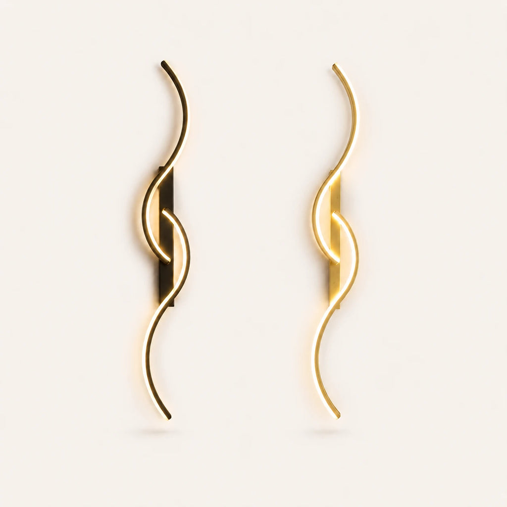 Sculptural dual-curve LED modern wall light in black and gold in 60cm, 80cm, and 100cm size options.
