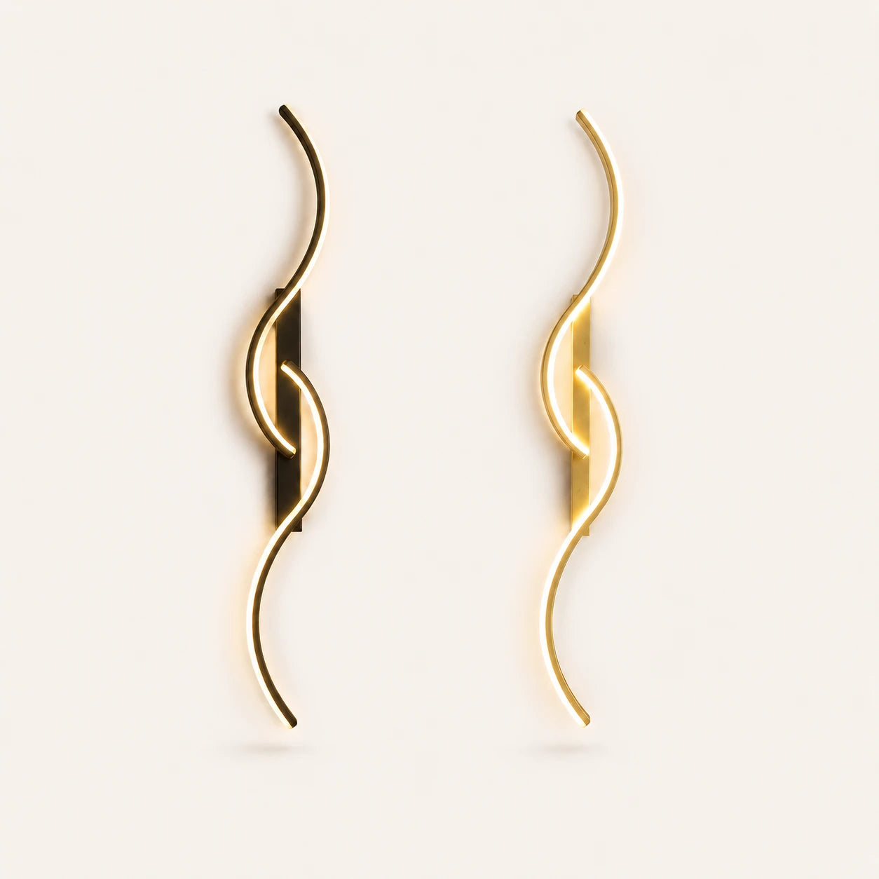 Sculptural dual-curve LED modern wall light in black and gold in 60cm, 80cm, and 100cm size options.