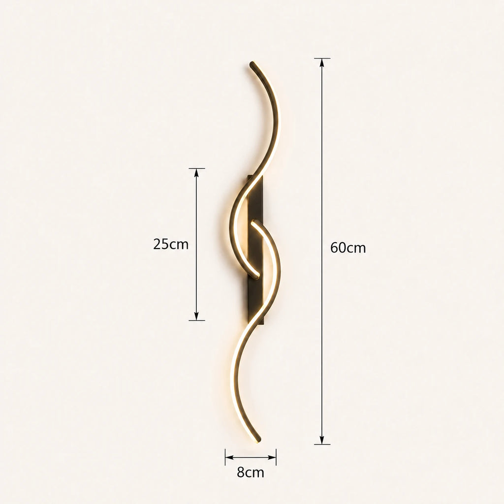 Sculptural dual-curve LED modern wall light in black 60cm — compact curved form for bedroom and hallway walls.