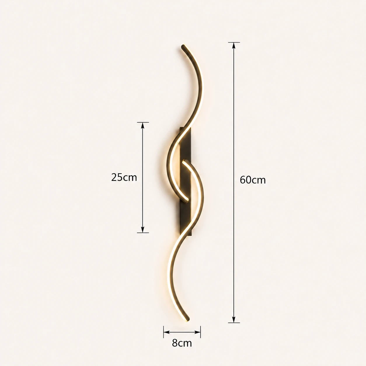 Sculptural dual-curve LED modern wall light in black 60cm — compact curved form for bedroom and hallway walls.