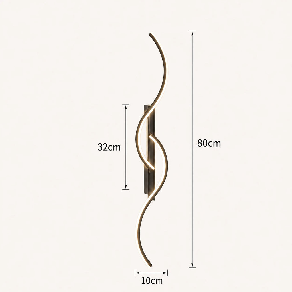 Sculptural dual-curve LED modern wall light in black 80cm — mid-size sweeping curves for living room feature walls.