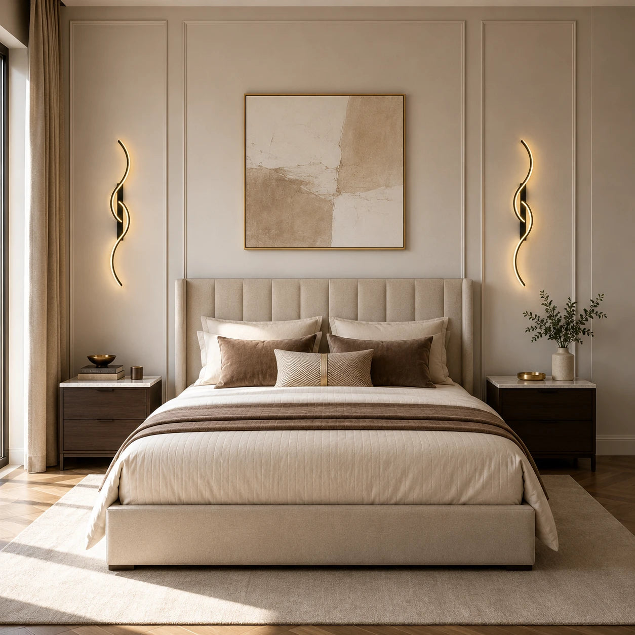 Sculptural Dual-Curve LED Modern Wall Light after installation in bedroom