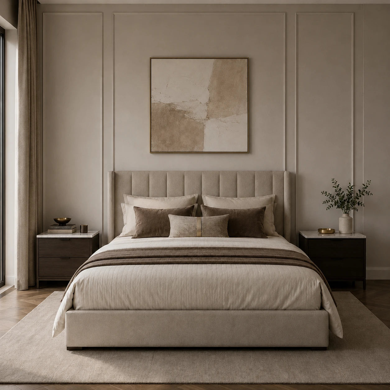 Refined bedroom with wingback tufted headboard and dark bedside tables before installing the sculptural dual-curve LED wall light