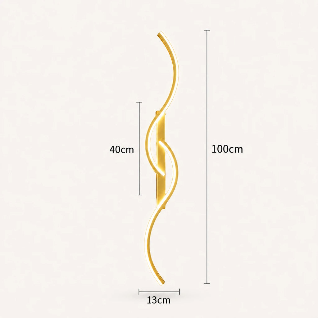 Sculptural dual-curve LED modern wall light in gold 100cm — statement-length warm metallic curves for wide walls.