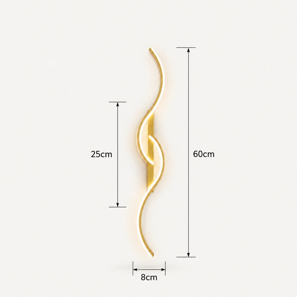 Sculptural dual-curve LED modern wall light in gold 60cm — warm metallic curved arms for contemporary interiors.