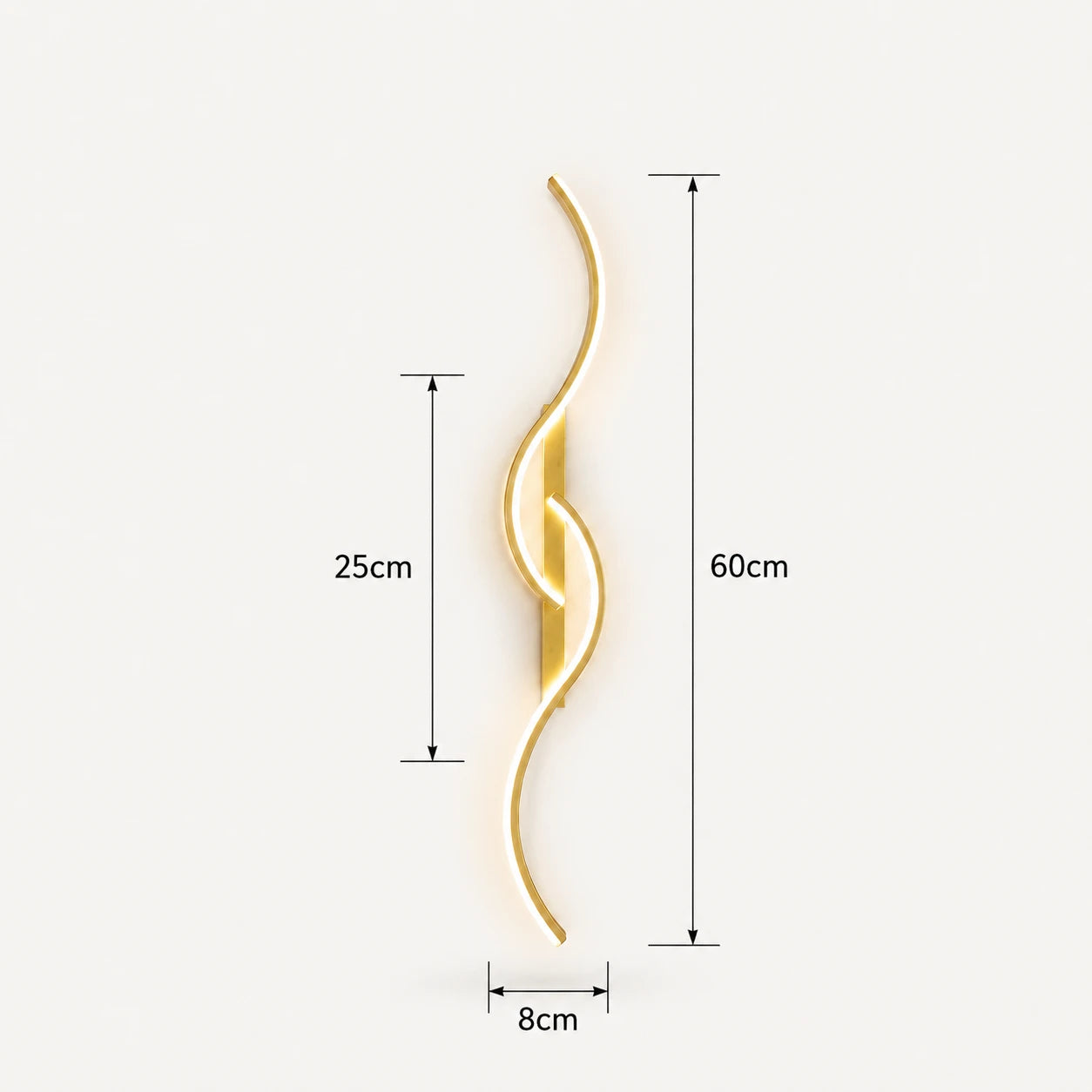 Sculptural dual-curve LED modern wall light in gold 60cm — warm metallic curved arms for contemporary interiors.