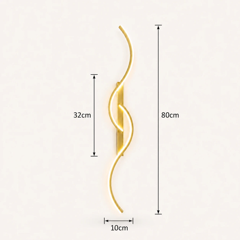 Sculptural dual-curve LED modern wall light in gold 80cm — wide warm metallic curves for bedroom and living rooms.
