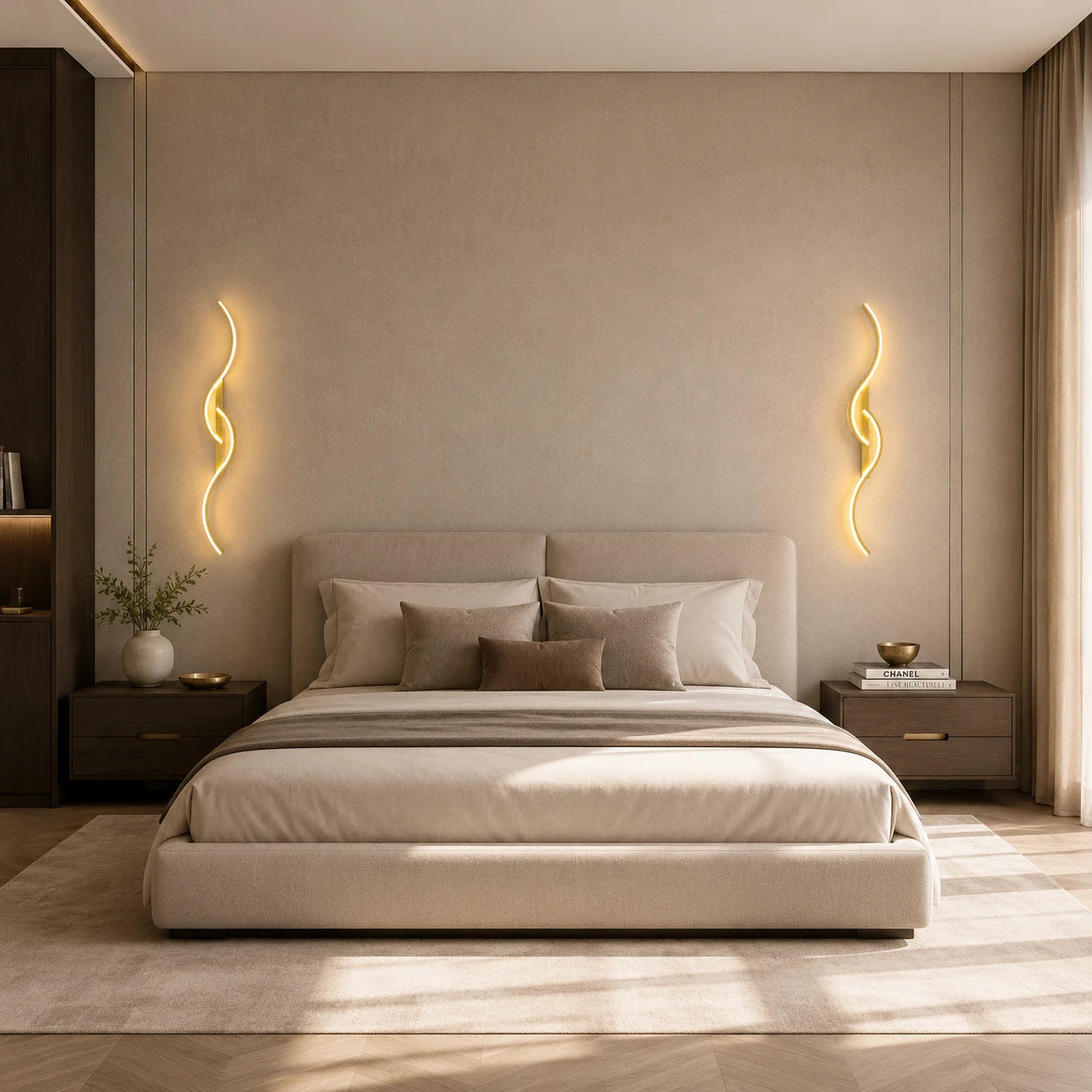Pair of gold sculptural dual-curve LED wall lights either side of a bed in a luxury neutral bedroom