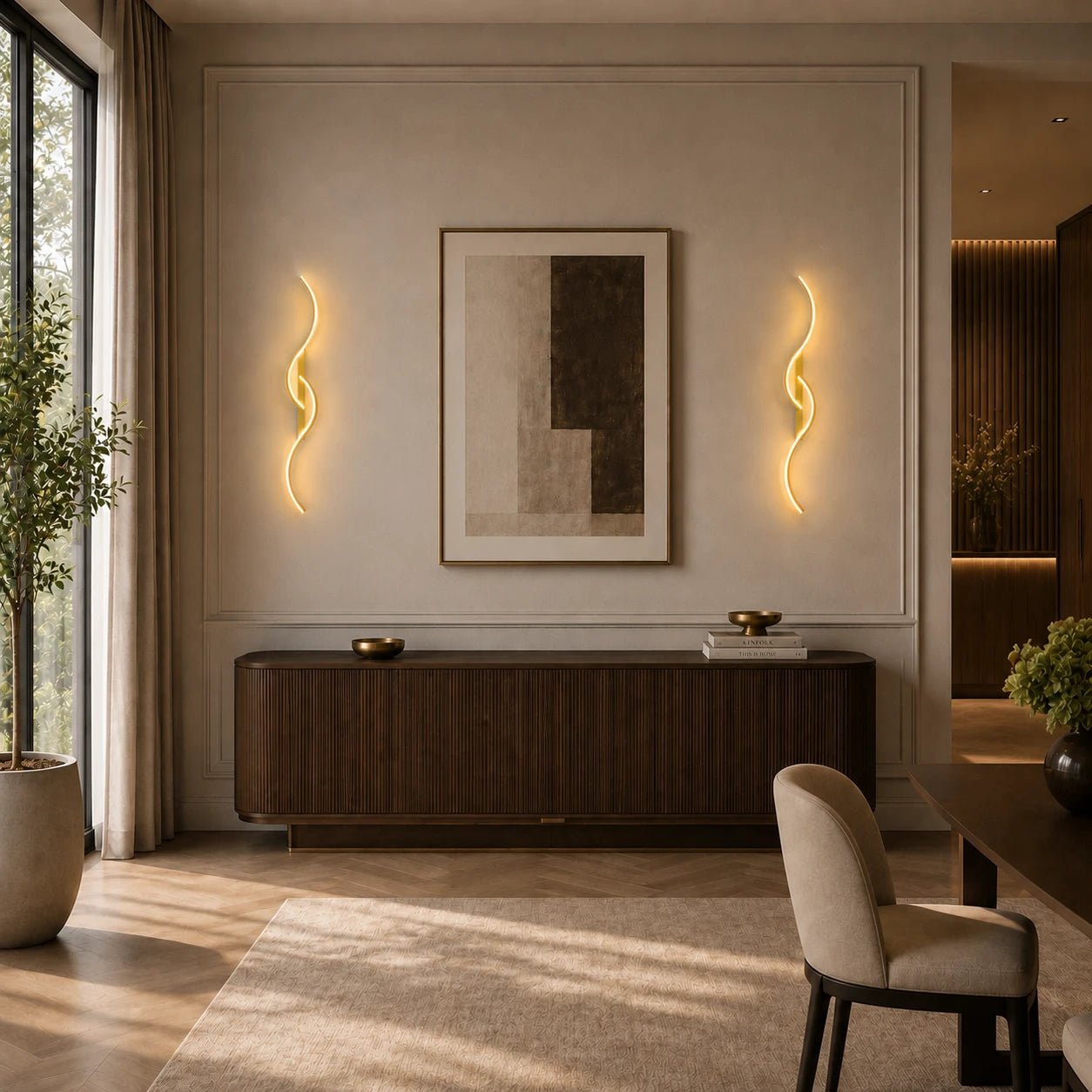 Gold sculptural dual-curve LED wall lights flanking a sideboard and artwork in an elegant open dining area
