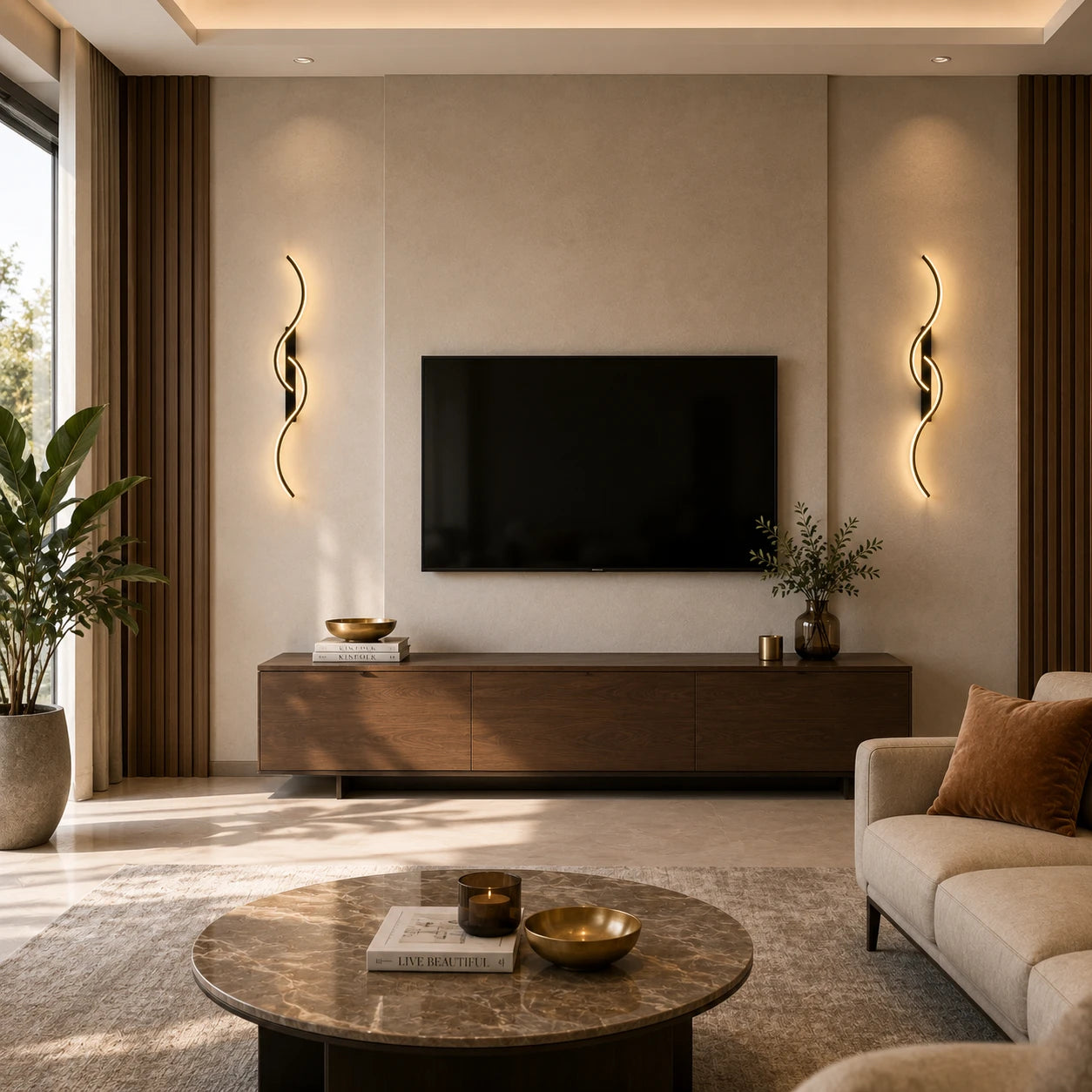 Black sculptural dual-curve LED wall lights flanking a TV wall unit in a warm modern living room with round coffee table