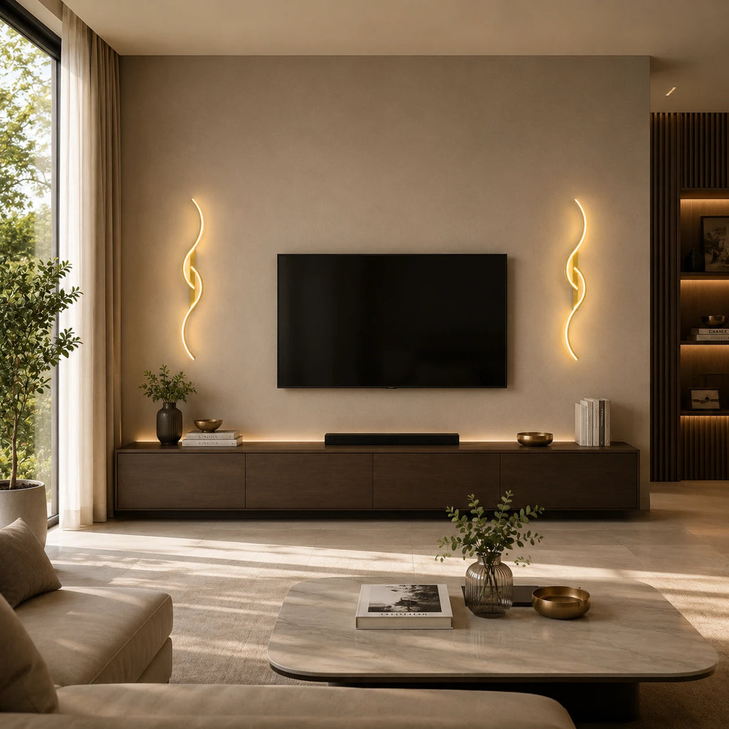 Gold sculptural dual-curve LED wall lights flanking a wall-mounted TV in a warm modern living room with bookshelf