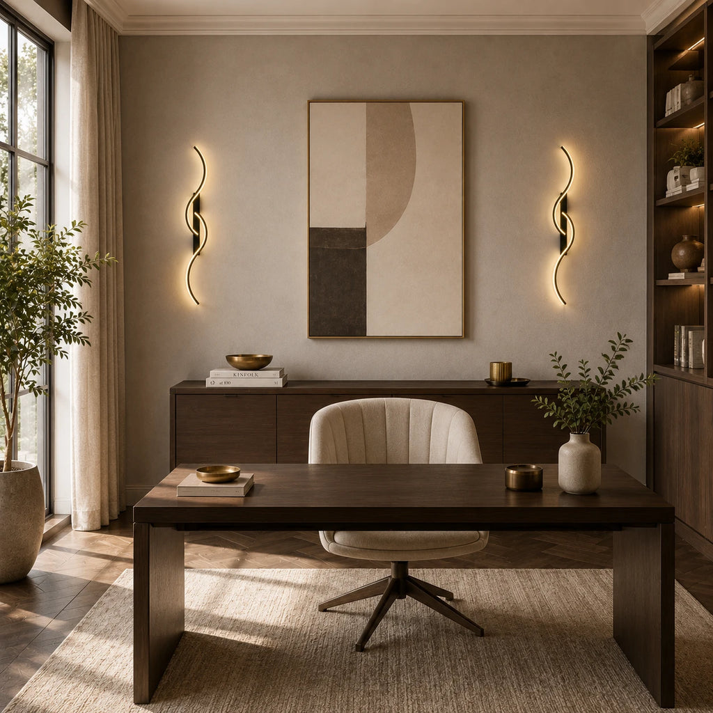 Black sculptural dual-curve LED wall lights flanking a desk and bookshelf in a sophisticated home study