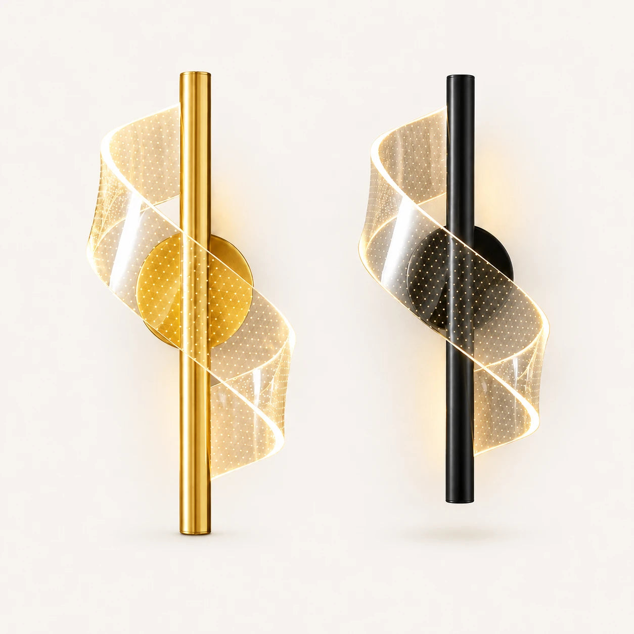 Spiral colour changing LED modern wall light in black and gold, all colour options shown
