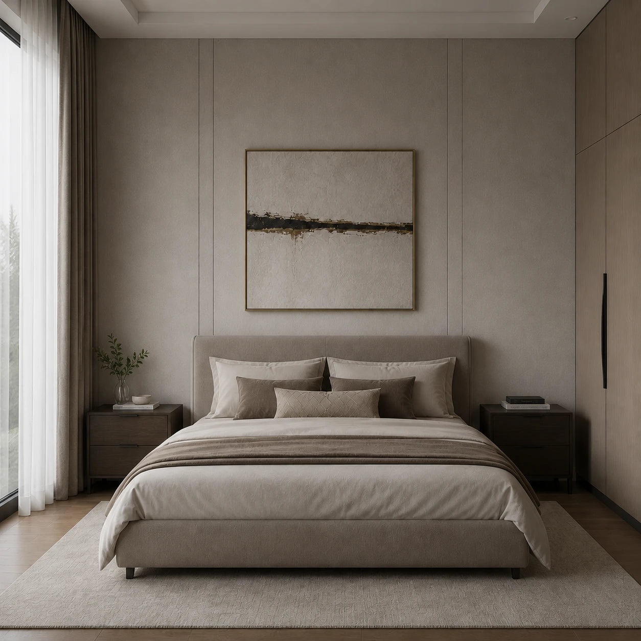 Peaceful bedroom with low upholstered bed and mocha bedding before installing the spiral colour-changing LED wall light