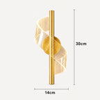 Spiral colour changing LED modern wall light in gold — dimensions diagram showing height, width and wall projection measurements.