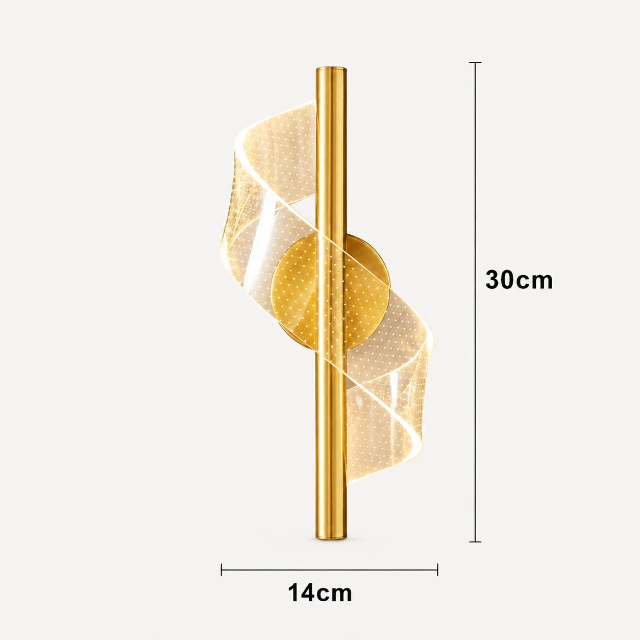 Spiral colour changing LED modern wall light in gold — dimensions diagram showing height, width and wall projection measurements.