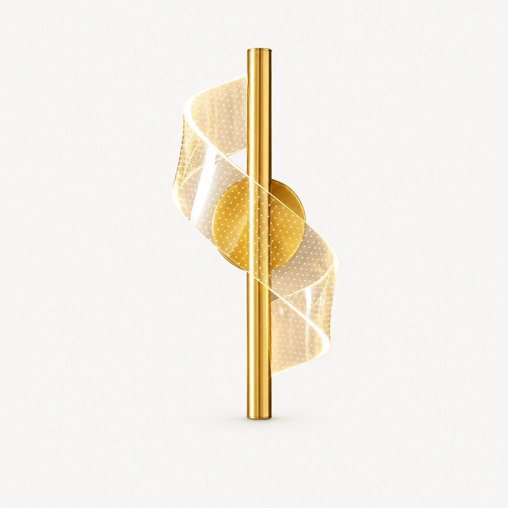 Spiral colour changing LED modern wall light in gold — product view showing the spiral LED panel and brushed gold hardware.