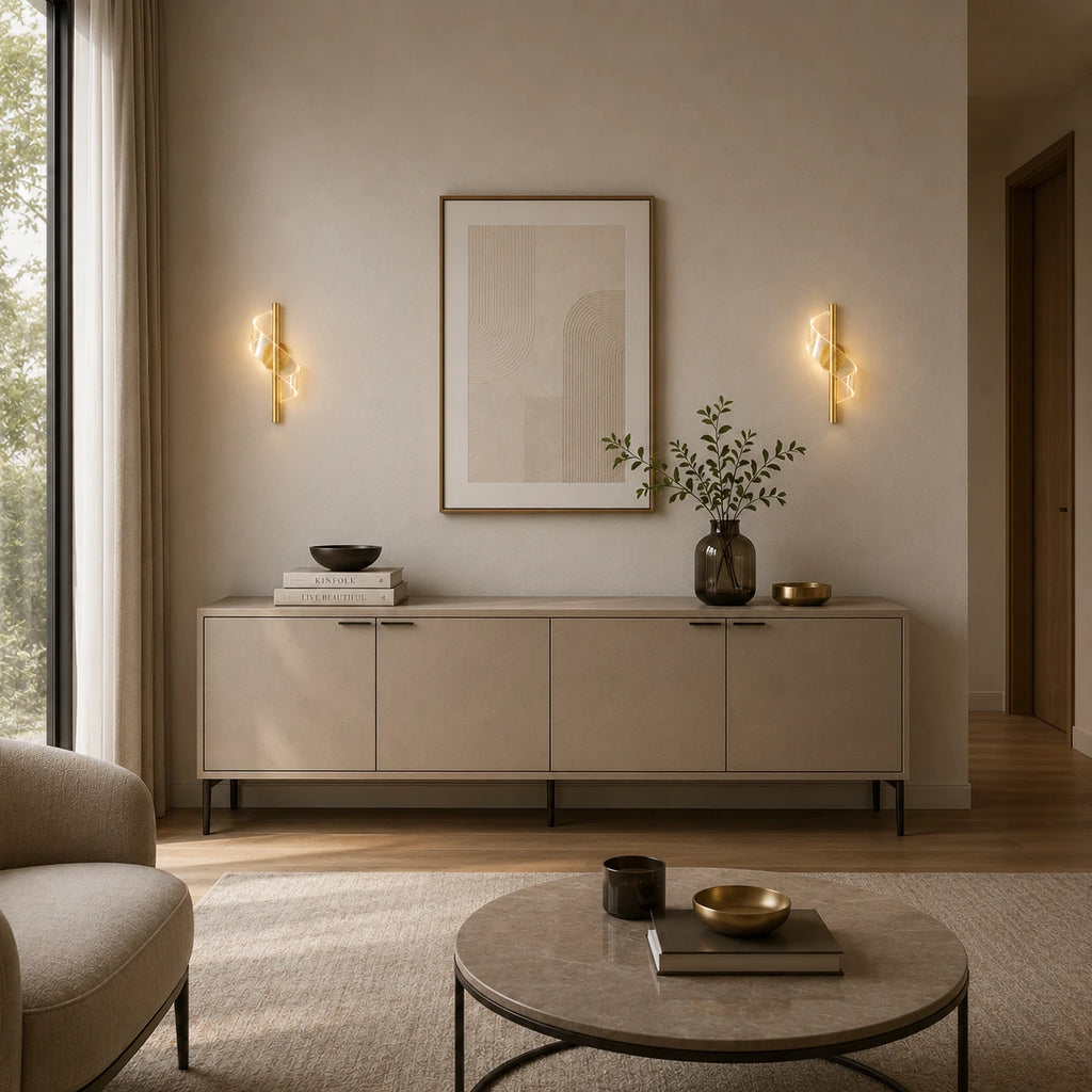 Gold spiral colour changing LED modern wall light illuminating hallway sideboard with framed artwork