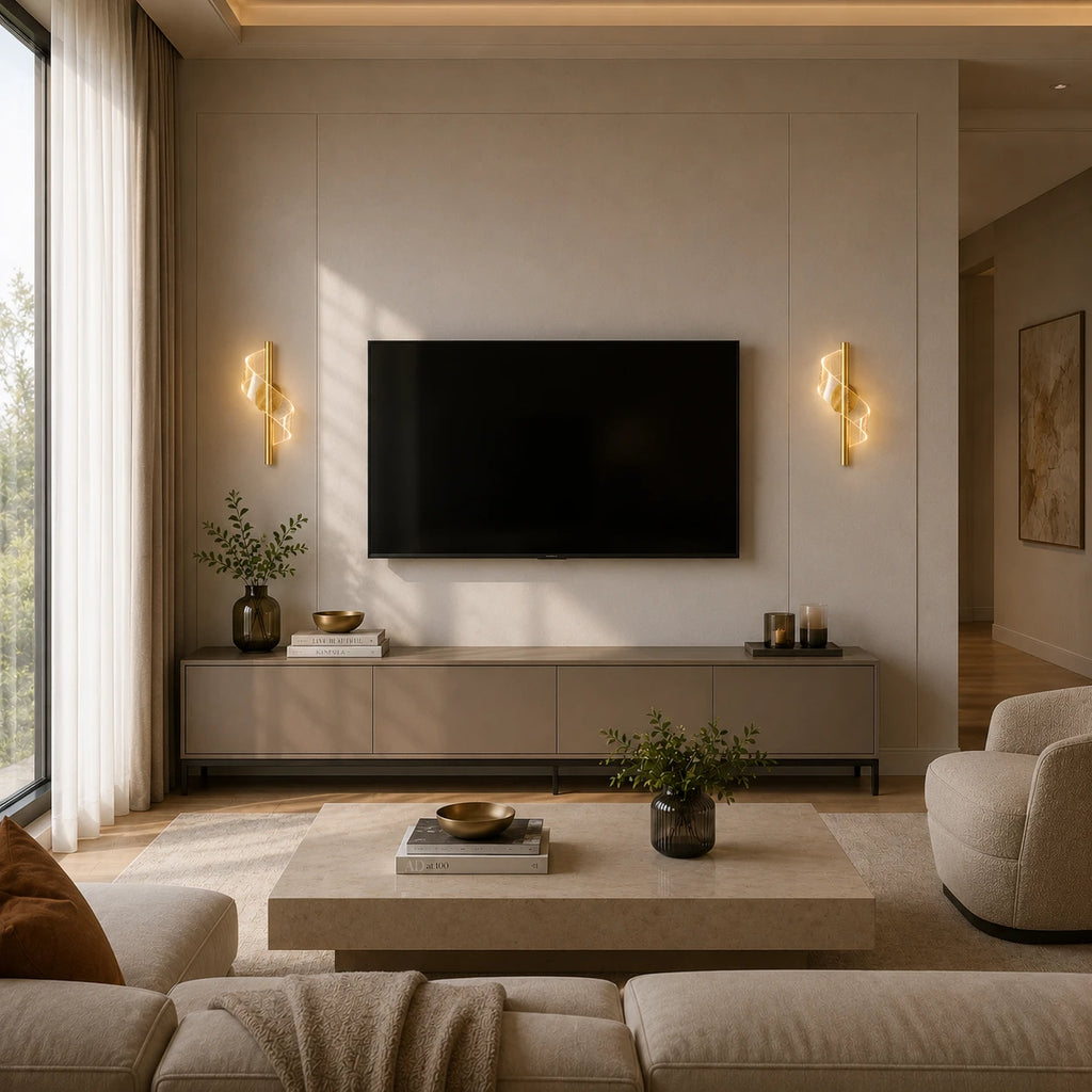 Gold spiral colour changing LED modern wall light in spacious living room with TV wall and modern furniture