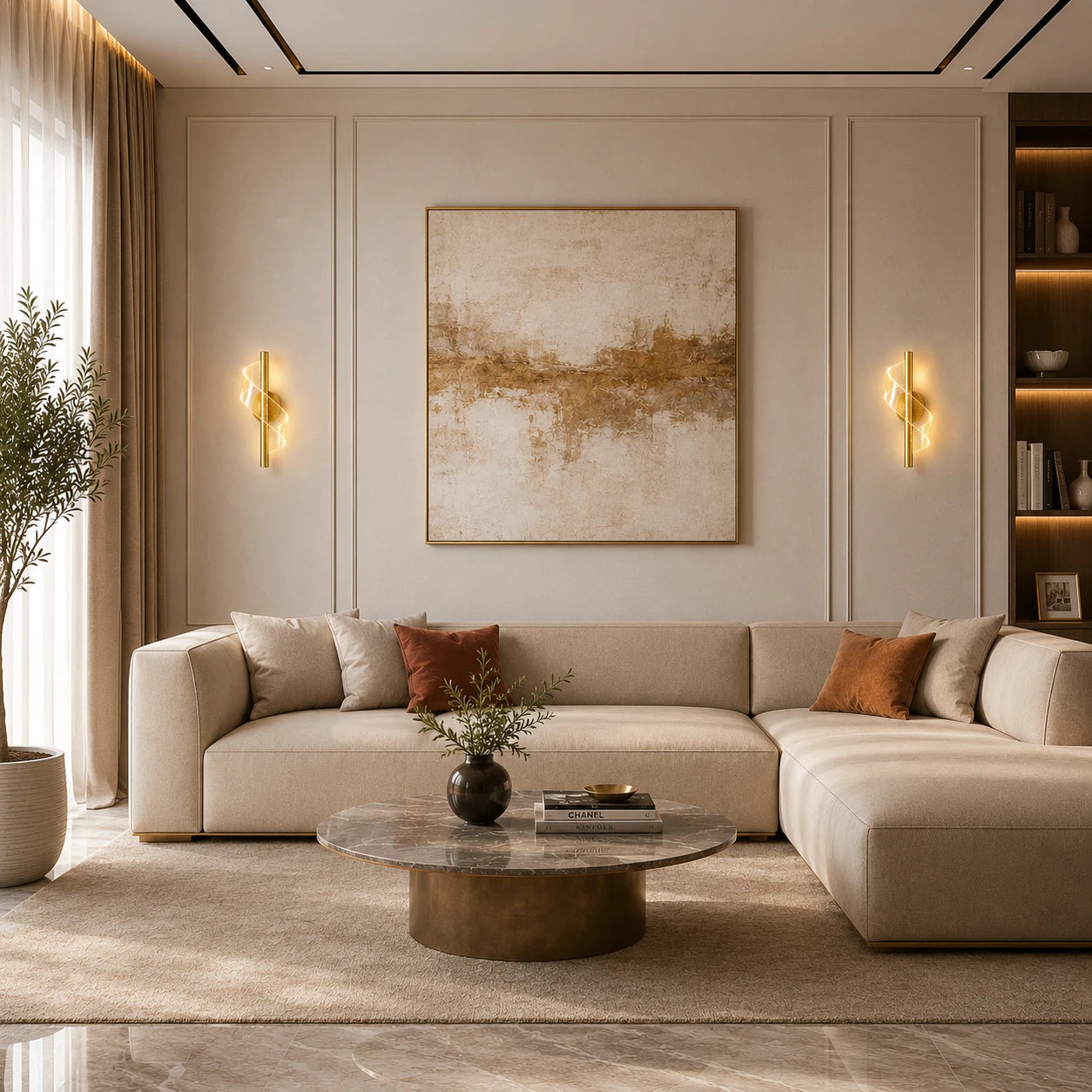 Gold spiral colour changing LED modern wall light installed in contemporary living room with sofa and large painting
