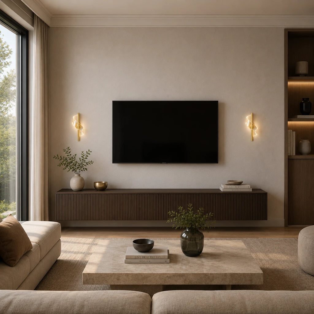Gold spiral colour changing LED modern wall light in modern living room beside large TV wall entertainment unit