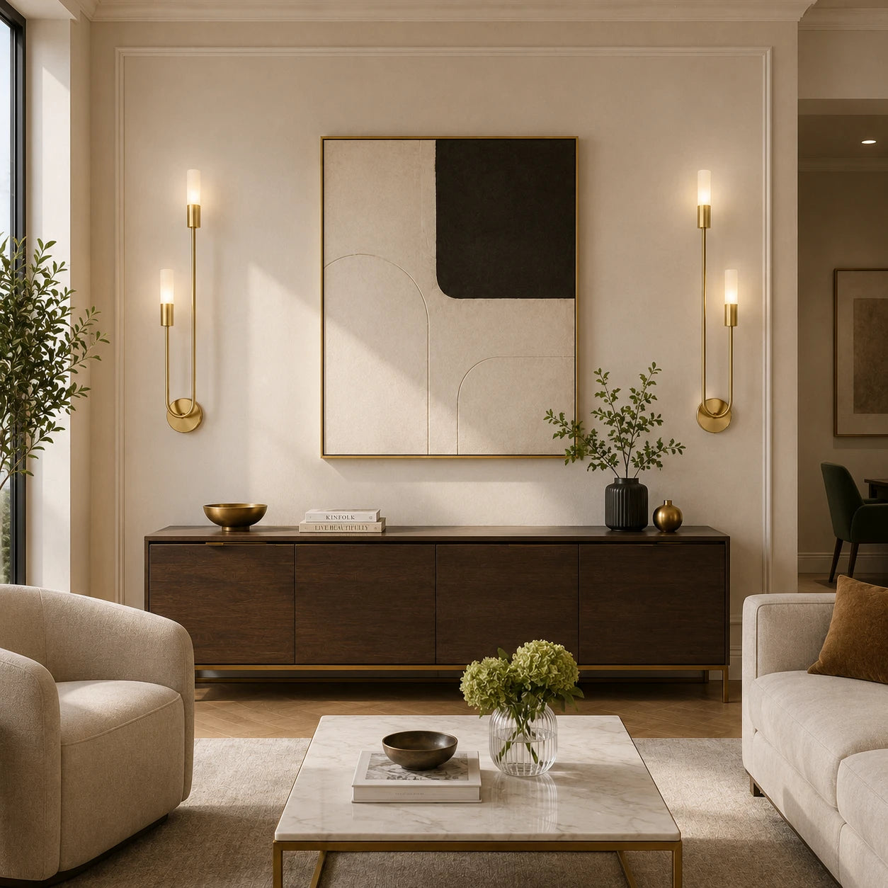 Twin Arm Candle Modern Wall Sconce after installation in living room
