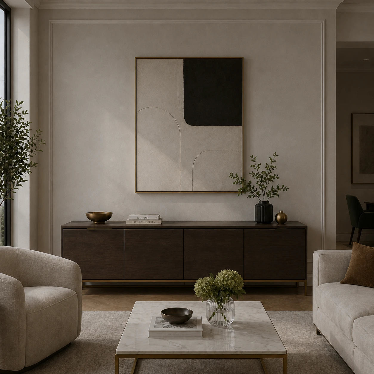 Elegant living room with marble coffee table and bold geometric artwork before installing the twin arm candle modern wall sconce