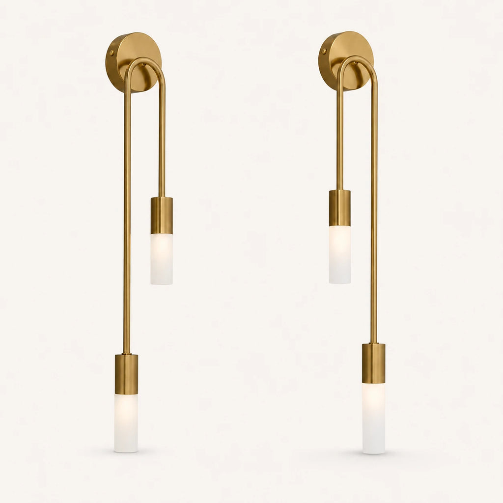 Twin arm candle modern wall sconce gold pair showing both left and right sconces together side by side
