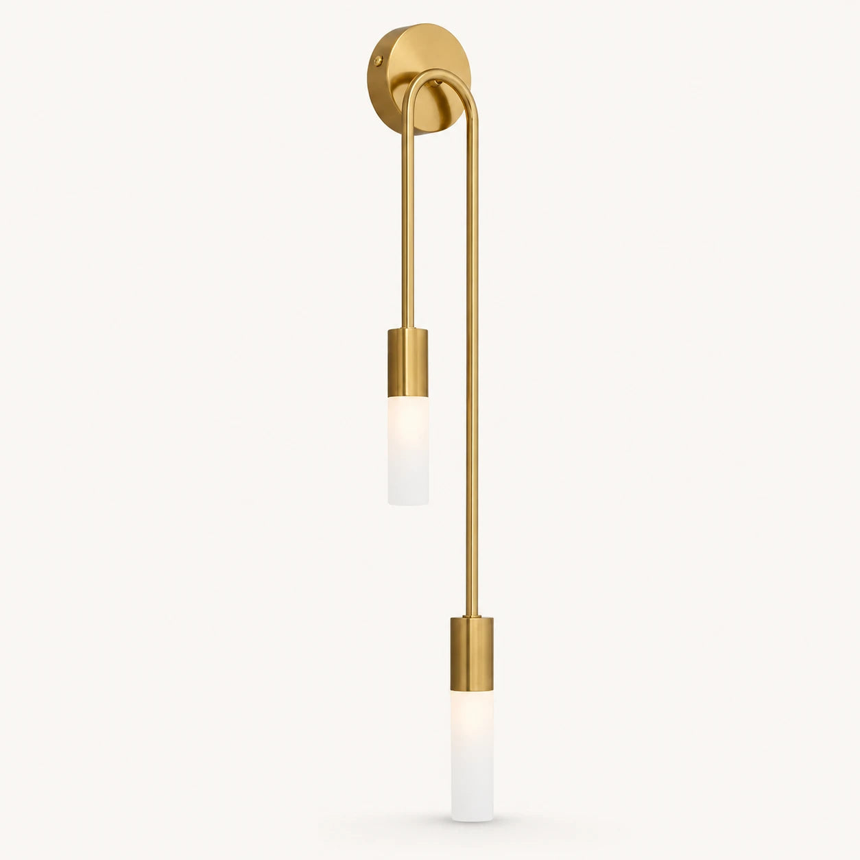 Twin arm candle modern wall sconce gold right-facing variant with brushed gold arms and dual tubular shades