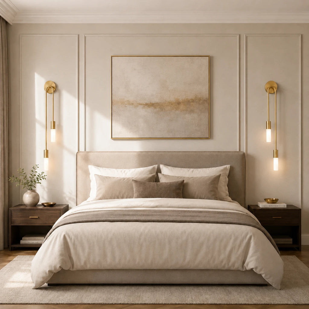 Gold twin arm candle modern wall sconces as bedside reading lights flanking artwork in luxurious cream bedroom