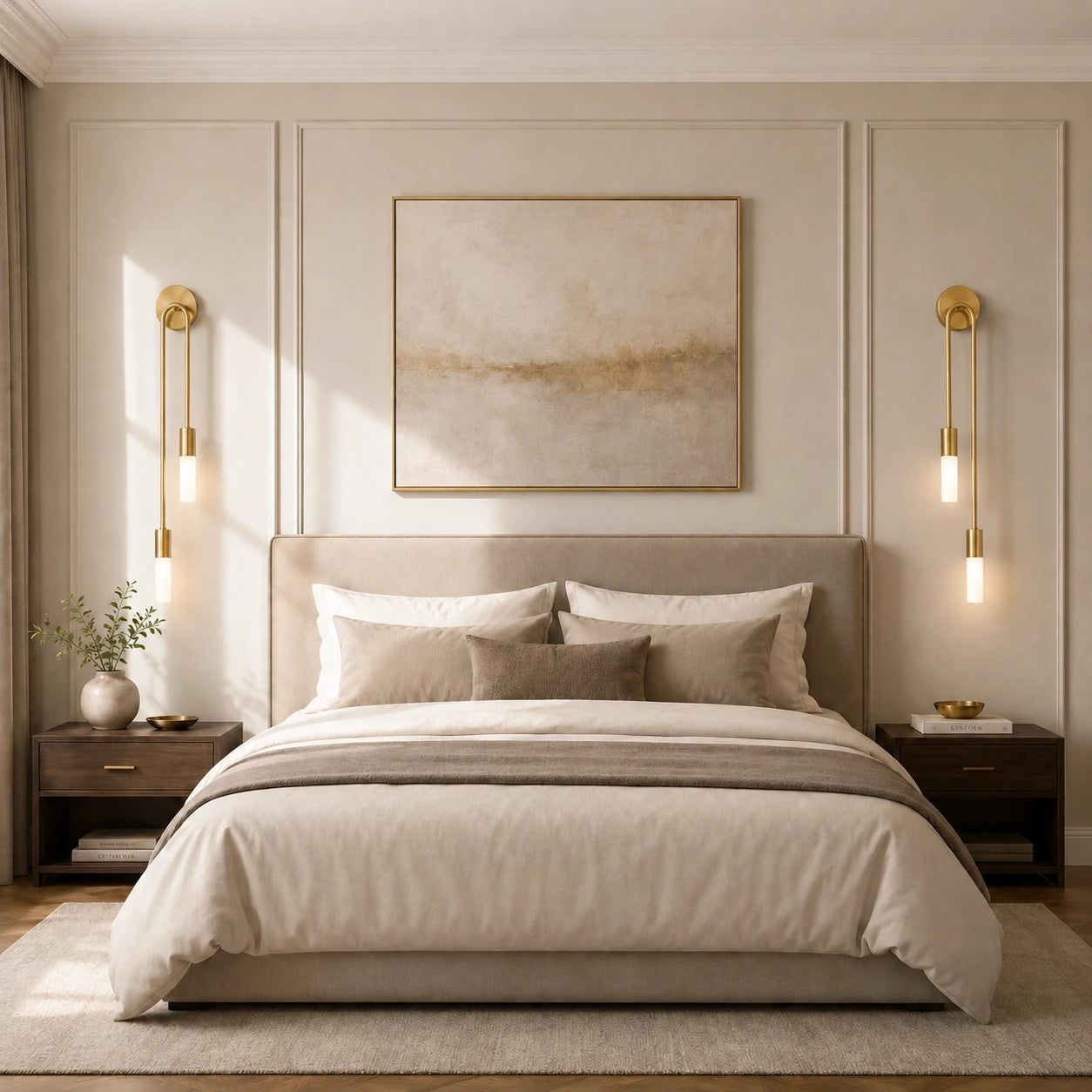 Gold twin arm candle modern wall sconces as bedside reading lights flanking artwork in luxurious cream bedroom