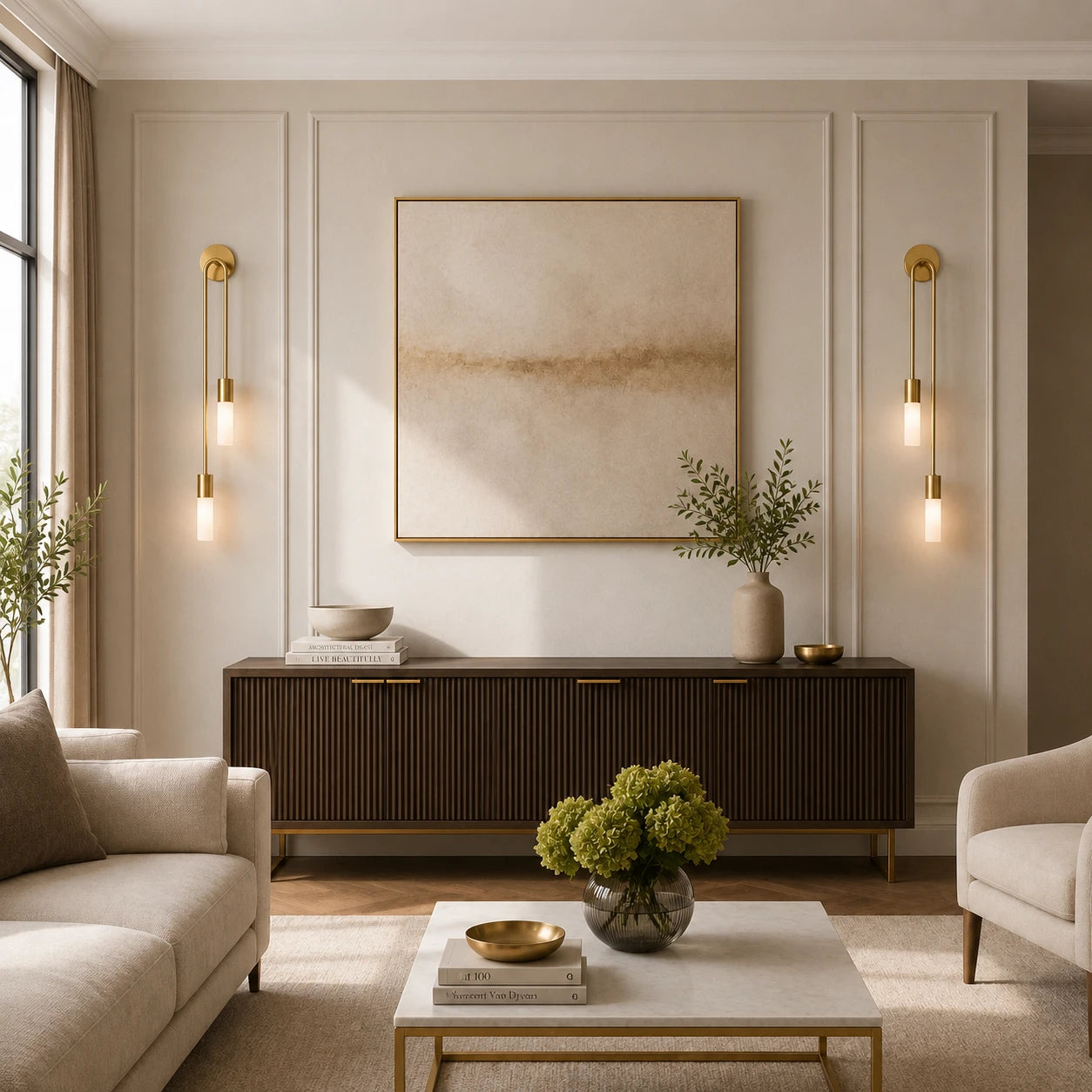 Gold twin arm candle modern wall sconces flanking framed artwork above dark sideboard console in bright living room