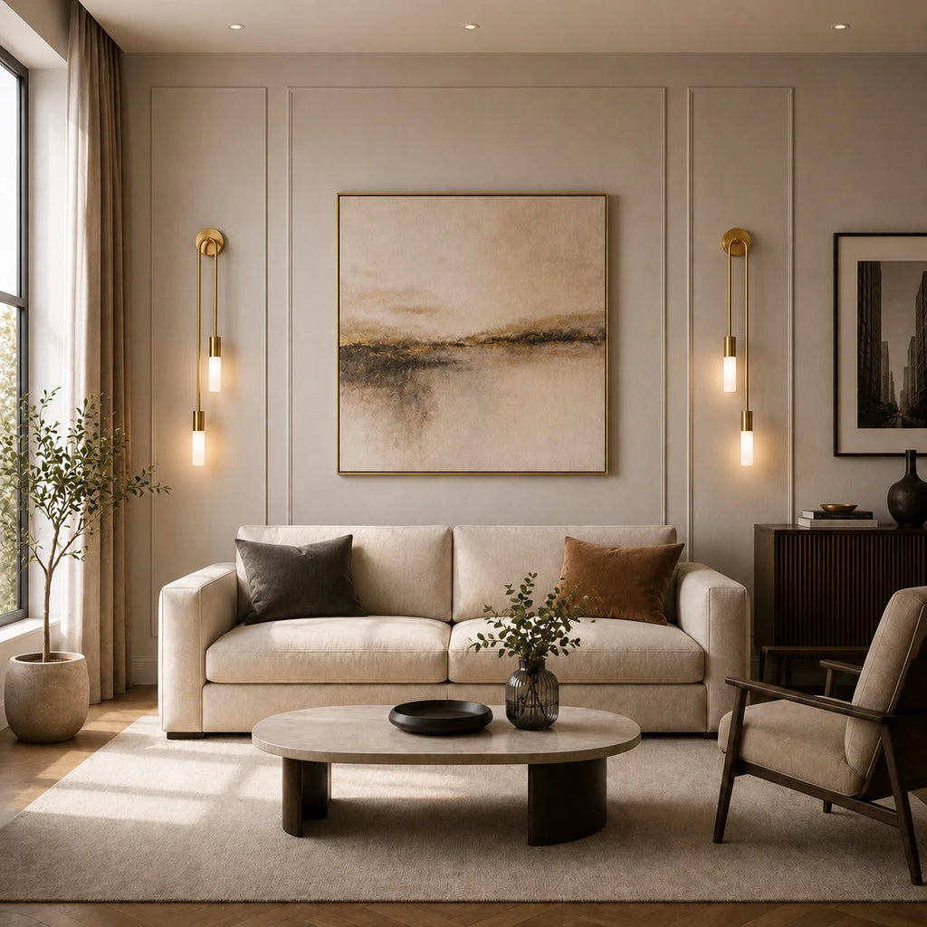 Gold twin arm candle modern wall sconces flanking framed artwork above sofa in elegant neutral panelled living room