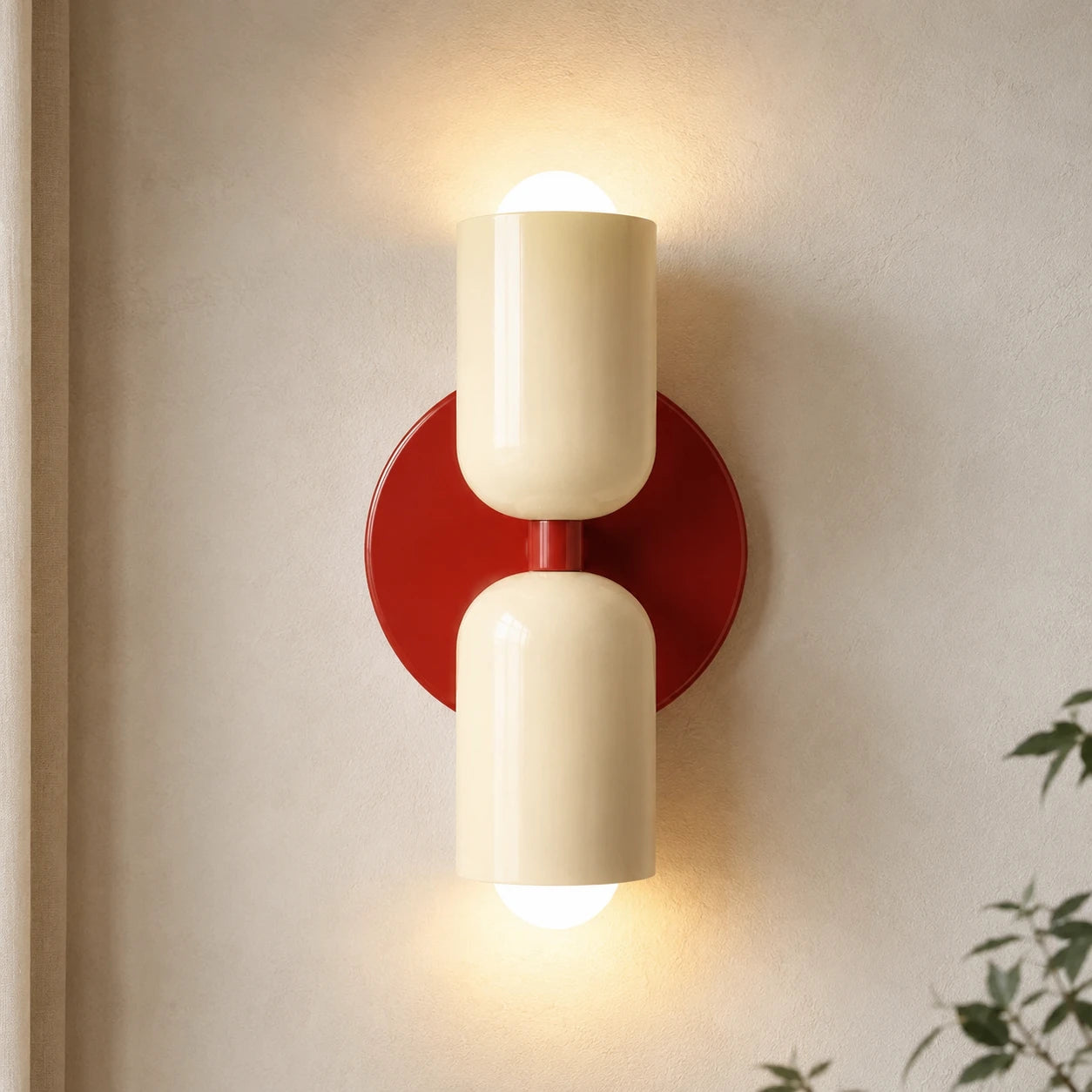 Two-tone Nordic indoor wall light — cream and red cylindrical shades.