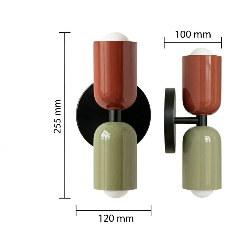 Two-tone Nordic indoor up and down LED wall light dimensions — 255mm height, 120mm width, 100mm projection depth.