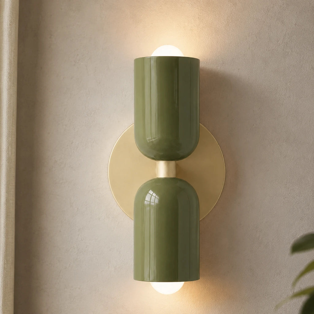 Two-tone Nordic indoor wall light — green and cream cylindrical shades.