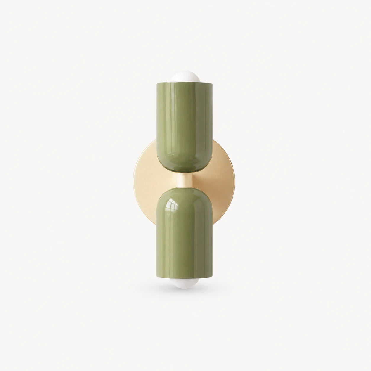 Two-tone Nordic indoor wall light — olive green cylindrical shades on a cream backplate for earthy biophilic Nordic interiors.