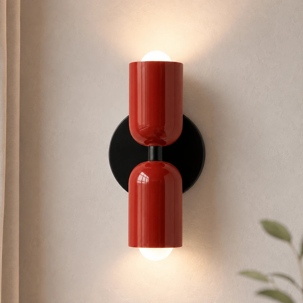 Two-tone Nordic indoor wall light — red and black cylindrical shades.