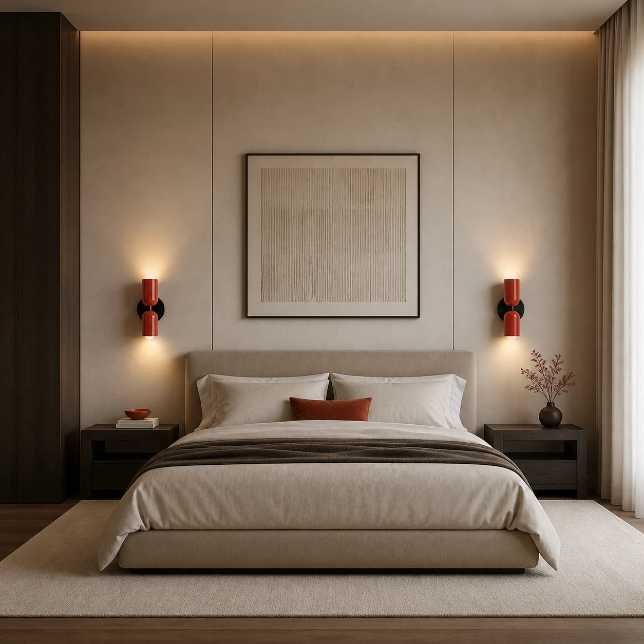 Pair of red two-tone Nordic up and down wall lights as bedside sconces in a modern bedroom.