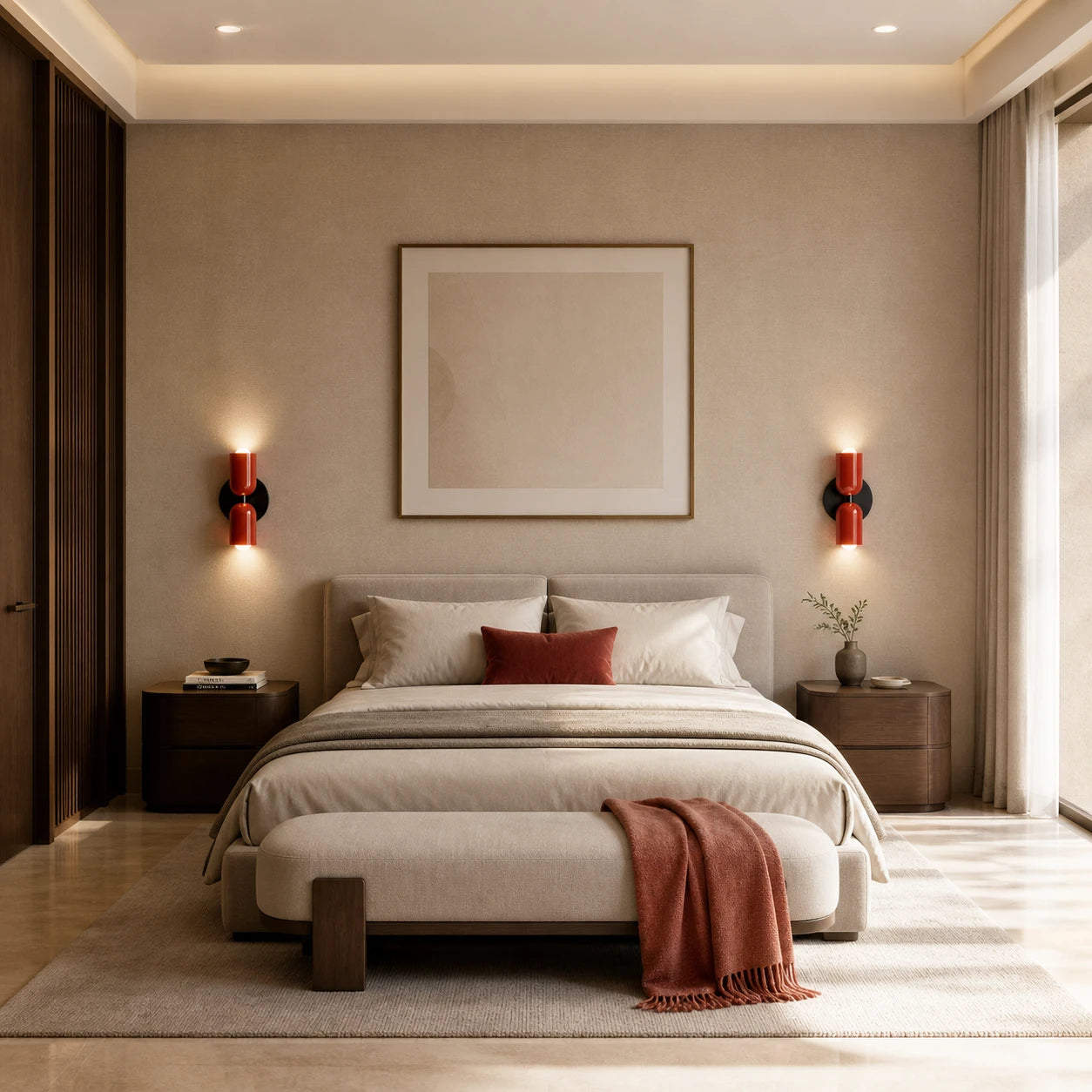 Two-Tone Nordic Indoor Up & Down Wall Light lifestyle in bedroom, red variant