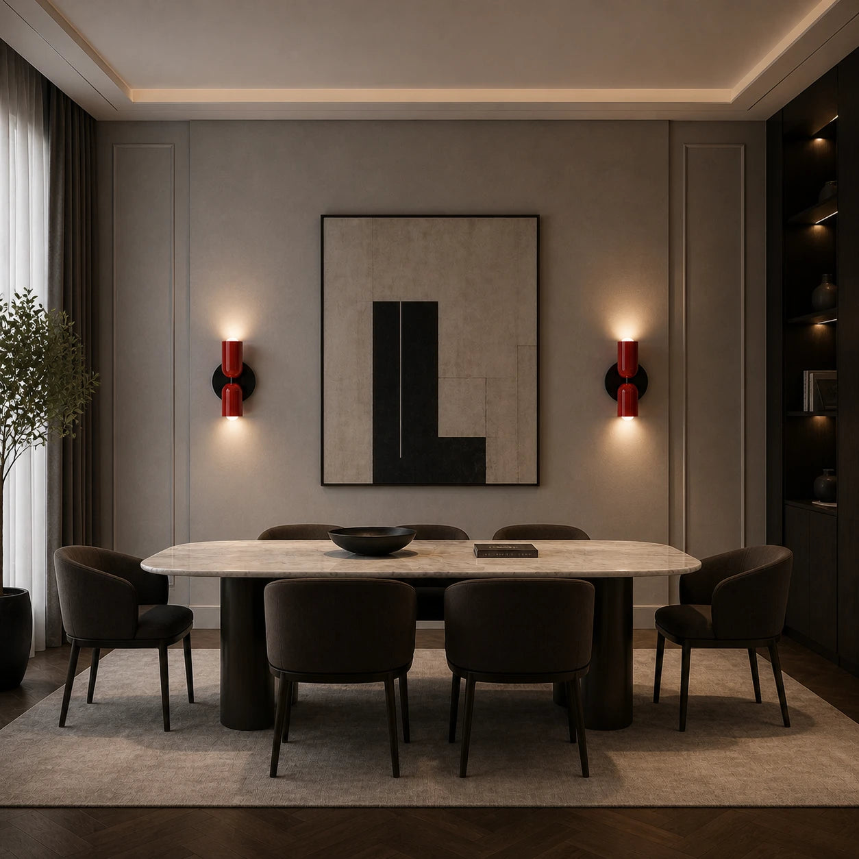 Pair of red two-tone Nordic up and down wall lights flanking bold abstract artwork in a moody dining room.