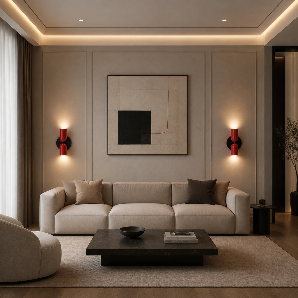 Pair of red and black two-tone Nordic up and down wall lights casting warm ambient glow in a modern living room.