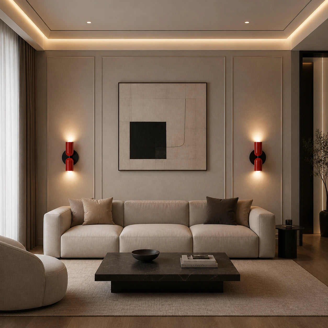 Pair of red and black two-tone Nordic up and down wall lights casting warm ambient glow in a modern living room.