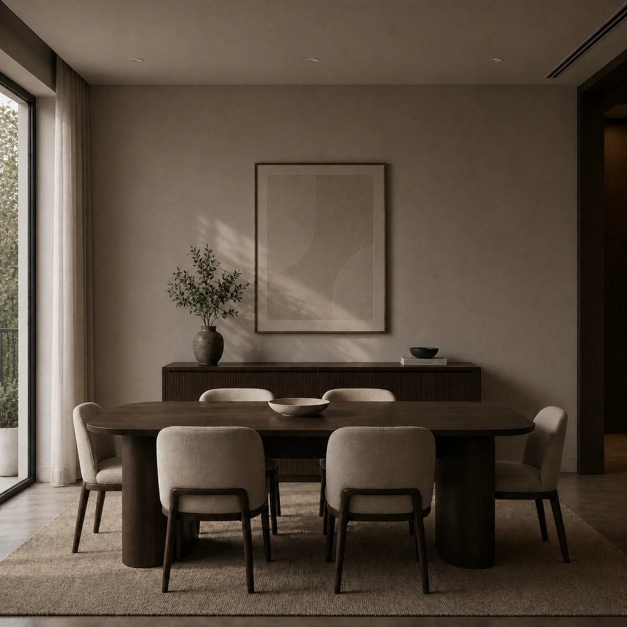Elegant dining room with dark walnut table and linen chairs before installing the two-tone Nordic up and down wall light