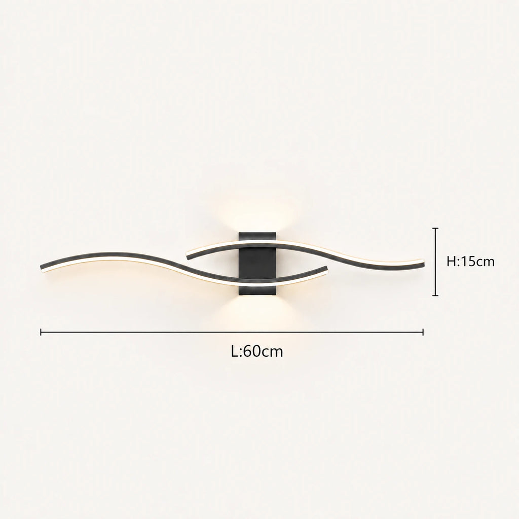 Wave LED modern wall light in black 60cm dimensions — wave length, height and projection measurements on a white background.