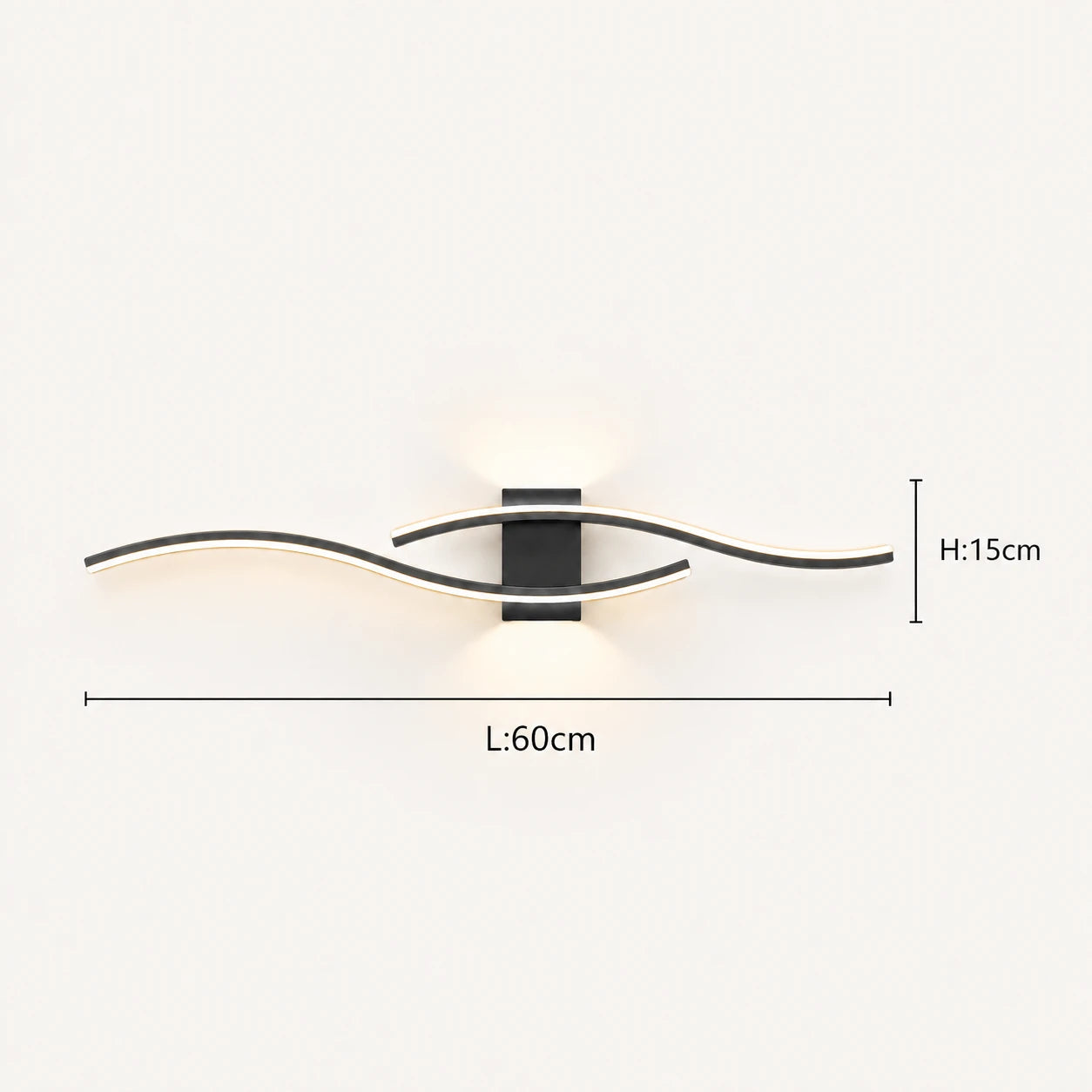 Wave LED modern wall light in black 60cm dimensions — wave length, height and projection measurements on a white background.