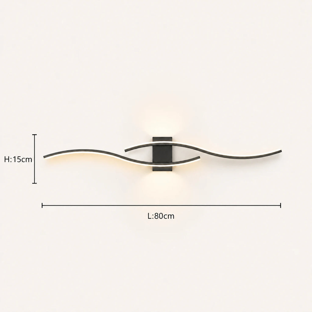 Wave LED modern wall light in black 80cm dimensions — longer wave length for wider wall spaces and living rooms.