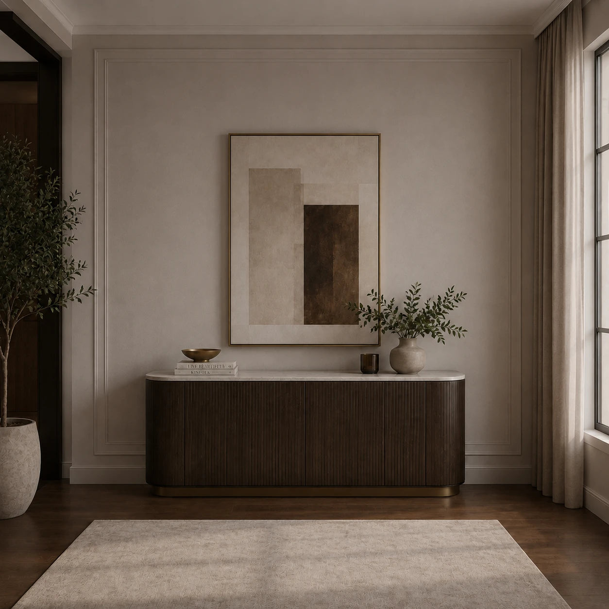 Refined hallway with dark curved fluted console and marble top before installing the wave LED modern wall light