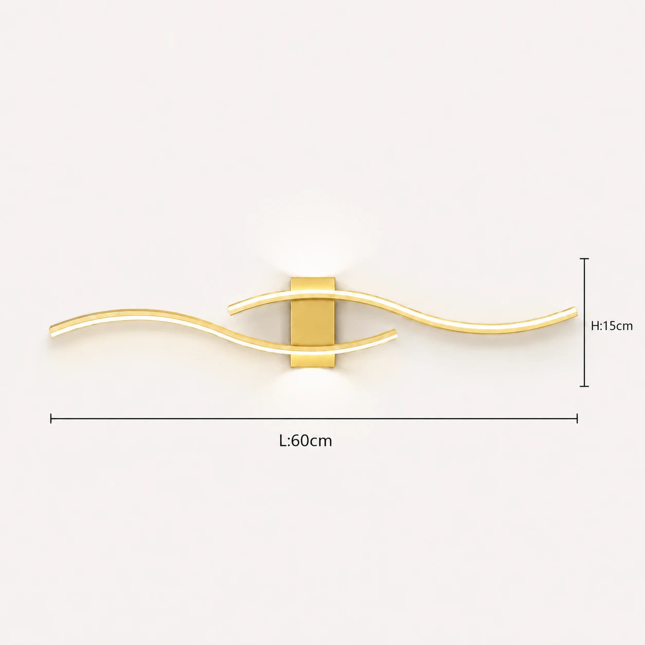 Wave LED modern wall light in gold 60cm dimensions — wave length and projection measurements in warm gold finish.