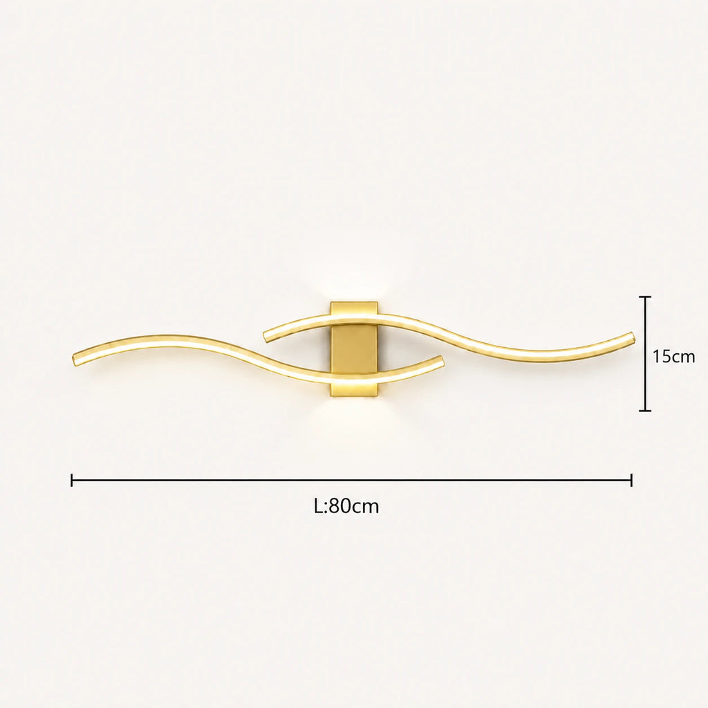 Wave LED modern wall light in gold 80cm dimensions — longer wave panel for wide walls in warm gold finish.